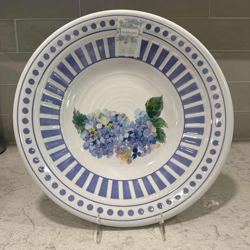Shabby Chic Stripes Dots Floral Hydrangea Blue White Melamine 14" Serving Bowl Hydrangea