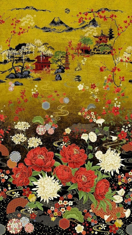 24" X 44" Panel Lotus Garden Asian Blossoms Flowers Cotton Fabric Panel D480.69 Flowering Plants