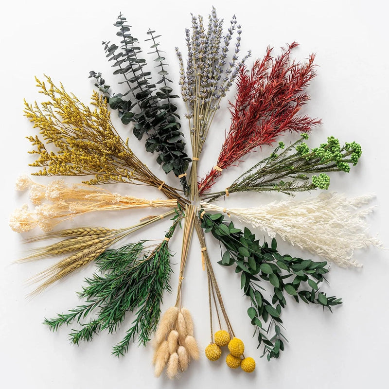 Assorted dried flower stems bundle with yellow, red, green, and cream accents