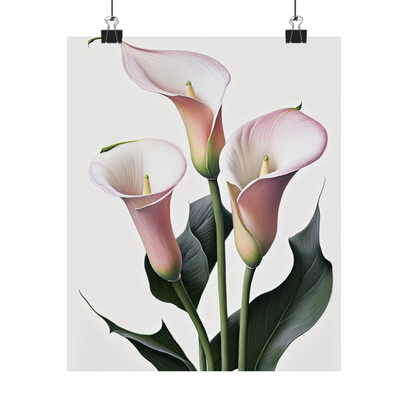 Pink calla lily flowers poster with three lilies, pink petals, and green leaves