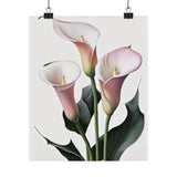 Pink calla lily flowers poster with three lilies, pink petals, and green leaves