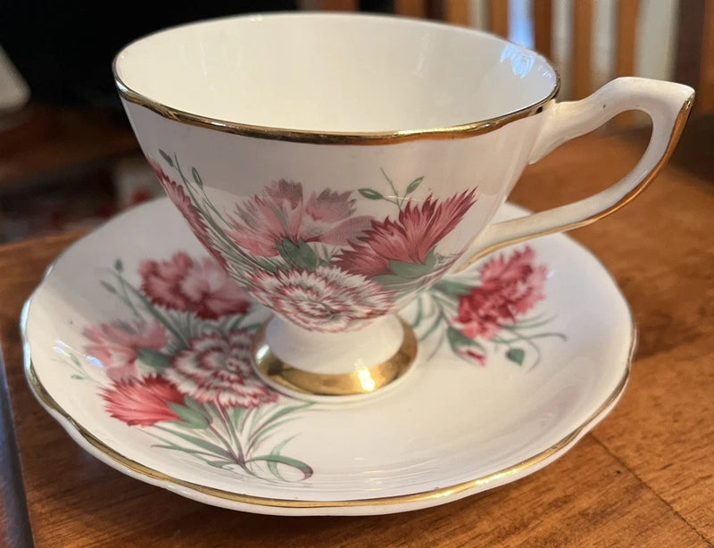 Vintage Crownford Fine China Tea Cup & Saucer Made England Pink Carnations. MINT Carnation