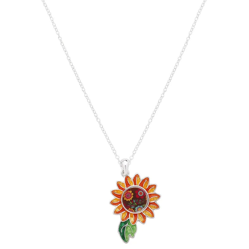 Sunflower charm pendant necklace with silver chain, yellow orange flower enamel detail