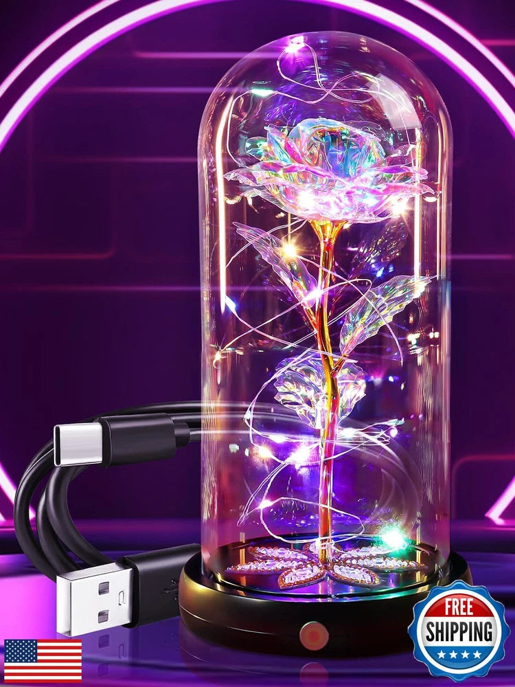 Rechargeable galaxy glass rose lamp with multicolor LED lights in clear dome and base