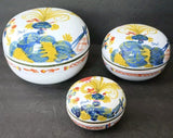 Bruno BROLLI 3 Nested Covered Bowls Blue Carnation Hand Painted Handmade SIGNED Carnation