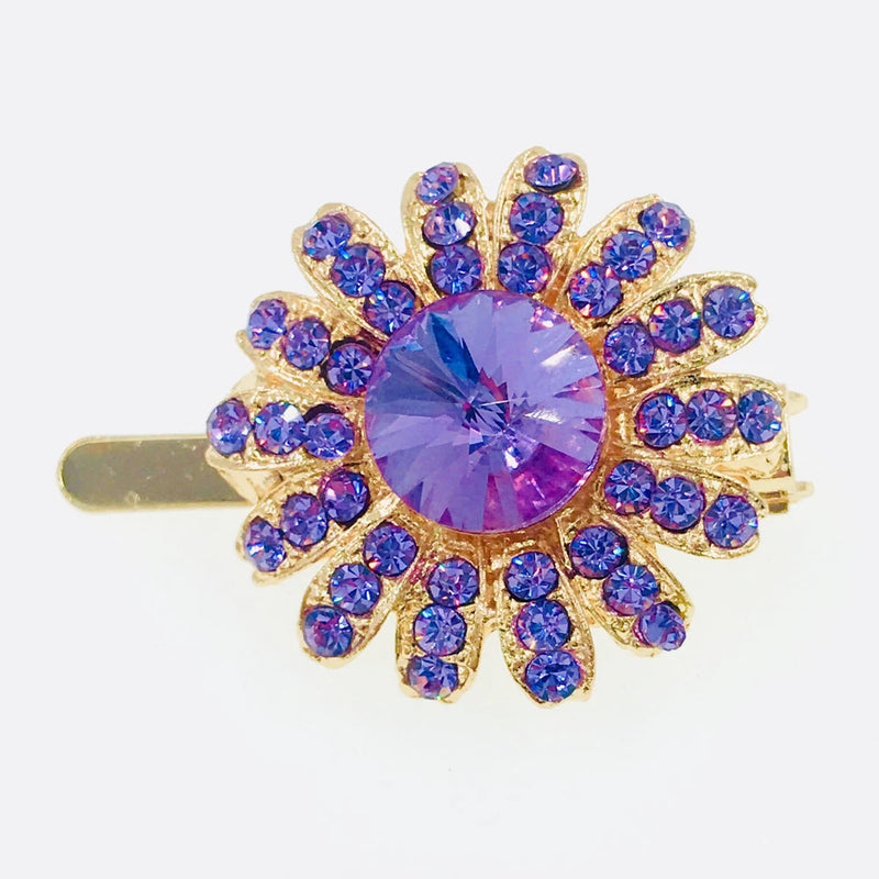 Purple rhinestone sunflower hair clip with gold barrette base
