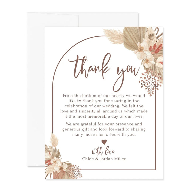 Boho Arch and Pampas Grass Personalized Wedding Thank You Cards with Message,... Pampas Grass