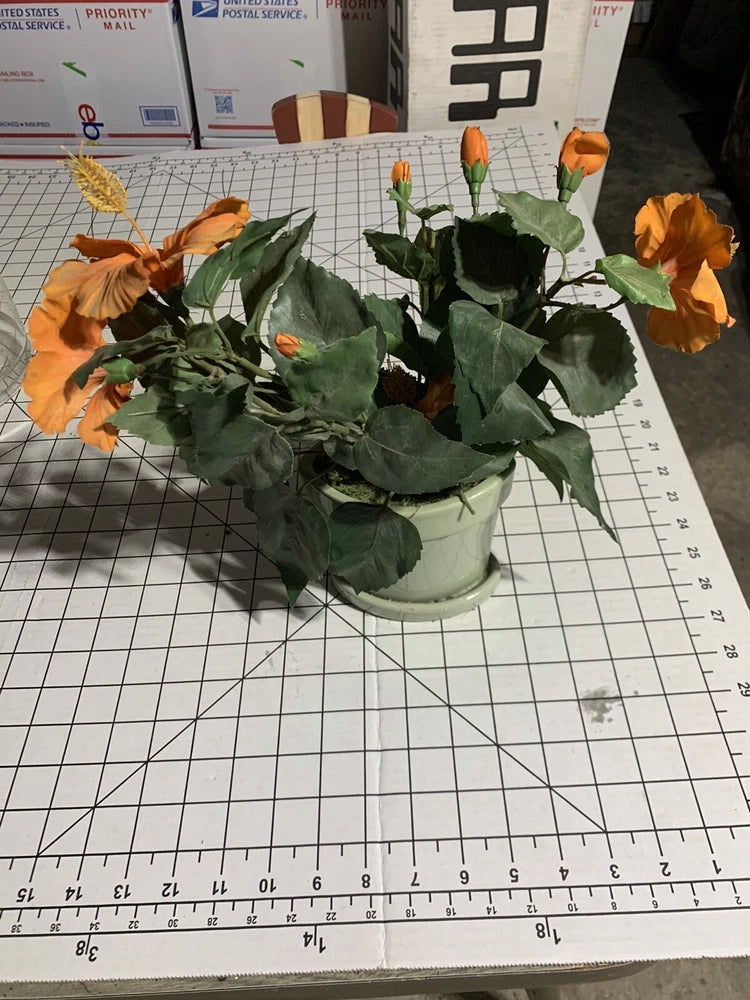 Decorative Plant Plastic Fake Faux Orange Green Pot B225 Green Plant