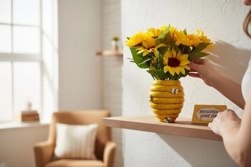 Artificial sunflower arrangement in yellow bee-themed vase centerpiece with bright sunflowers