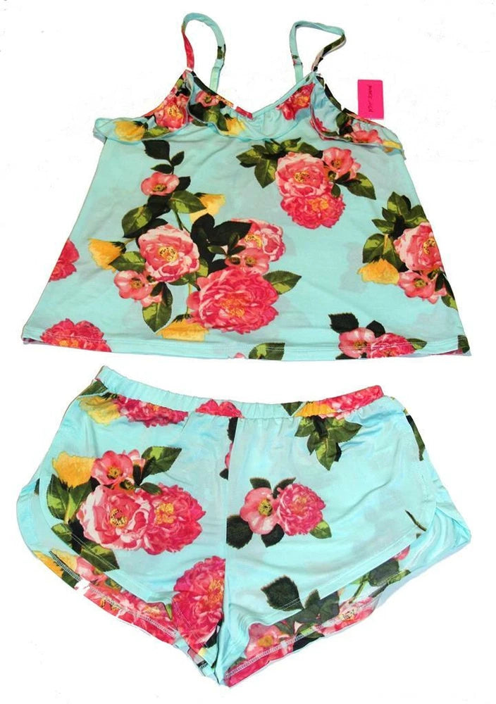 Light blue floral 2-piece pajama set with ruffle-trim cami and matching shorts