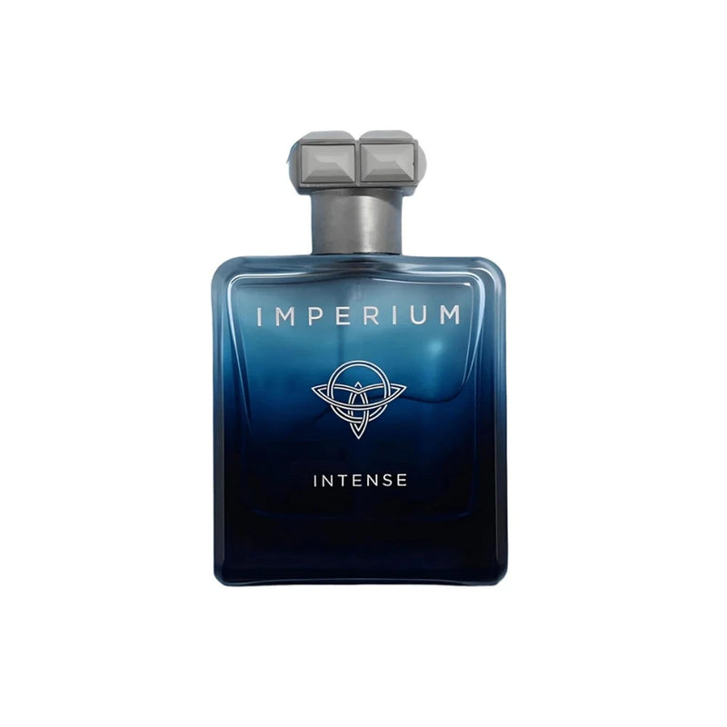 Perfume bottle, dark blue glass with silver cap; Imperium Intense label and emblem.