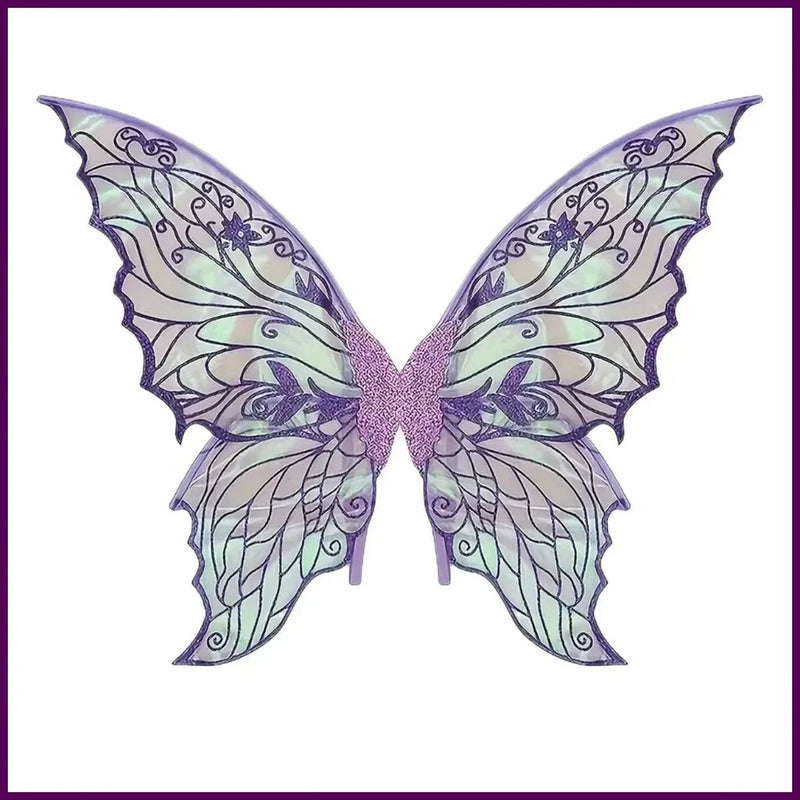 Colorful butterfly fairy wings with purple gradient, sheer filigree and elastic strap loops