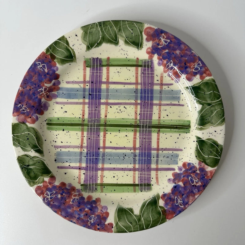 Julie Ueland Hydrangeas by Enesco 10" Dinner Plate Floral Purple Plaid Disc. #3 Hydrangea