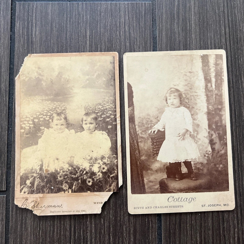 2 Antique 1890'S CABINET CARD Baby Photo Shoot Blond Hair Sunflower Flower Field Sunflower