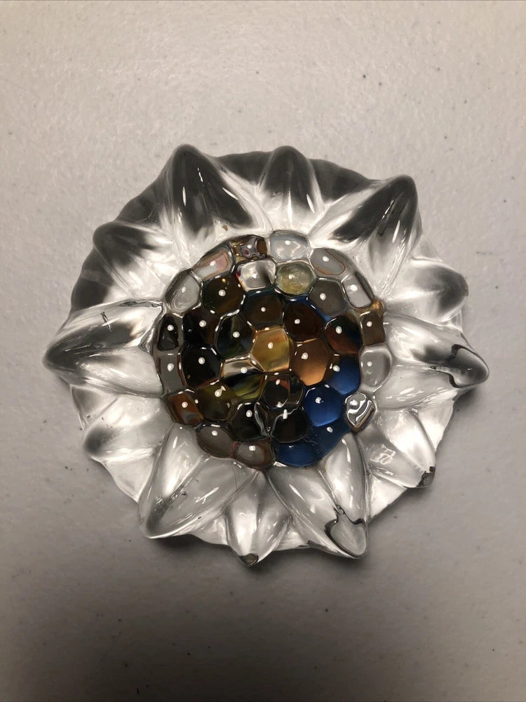Vintage Sunflower Art Glass Hand Blown Multicolor Flower Faceted Paperweight Sunflower