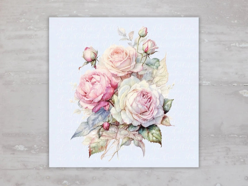 Floral rose fabric panel with pink roses and green leaves, square print