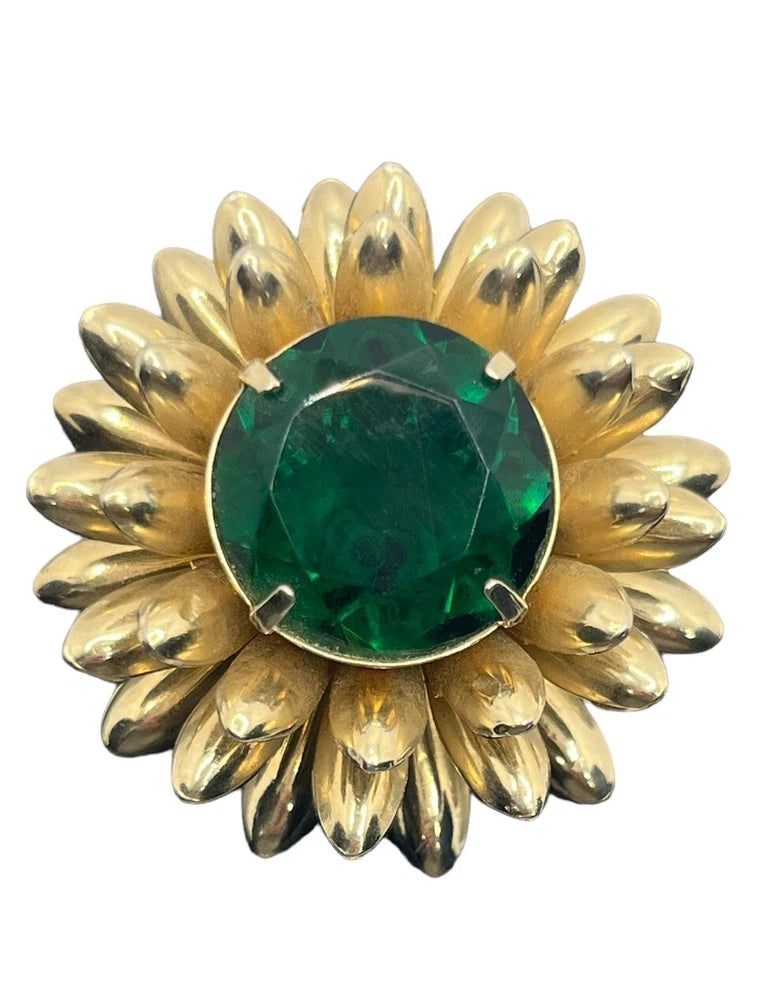 Marvella signed gold tone green rhinestone sunflower 3D flower brooch pin Sunflower