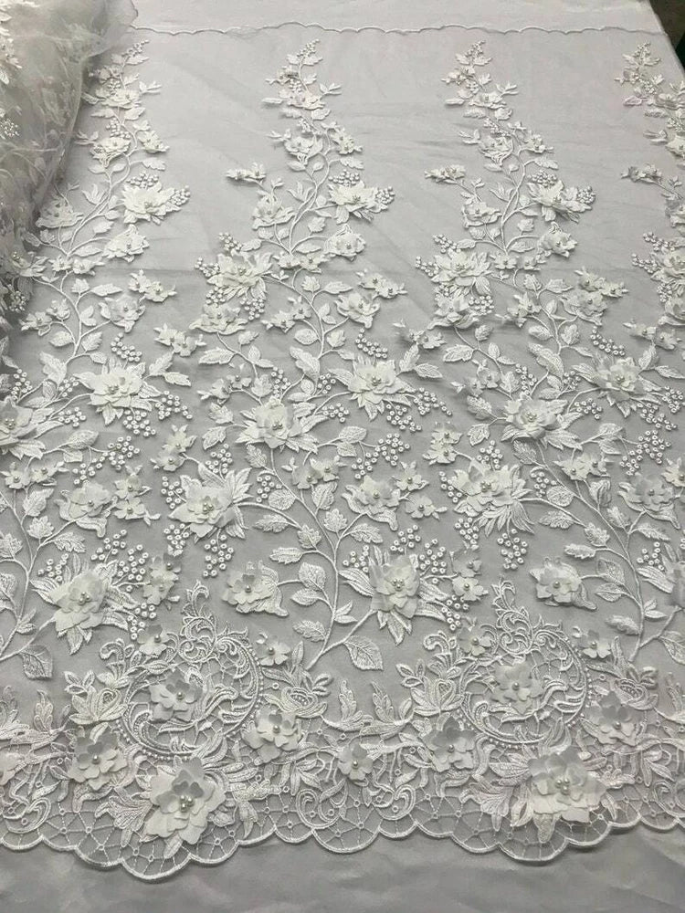 White 3D Floral Design Embroidered With Pearls in a Mesh Lace Fabric, By Yard Flowering Plants