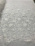 White 3D Floral Design Embroidered With Pearls in a Mesh Lace Fabric, By Yard Flowering Plants