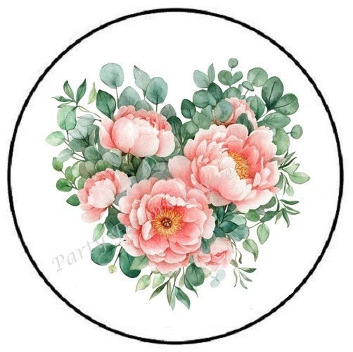 Round floral envelope seal sticker with pink peonies and green leaves
