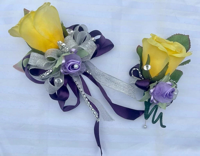 Wrist Corsage Purple Lavender Silver Yellow Wedding Dance Homecoming Flowers Bouquet