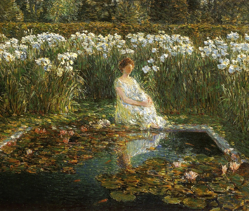 Archival art print, arched 17x22: sitting woman beside lilies in a garden pond