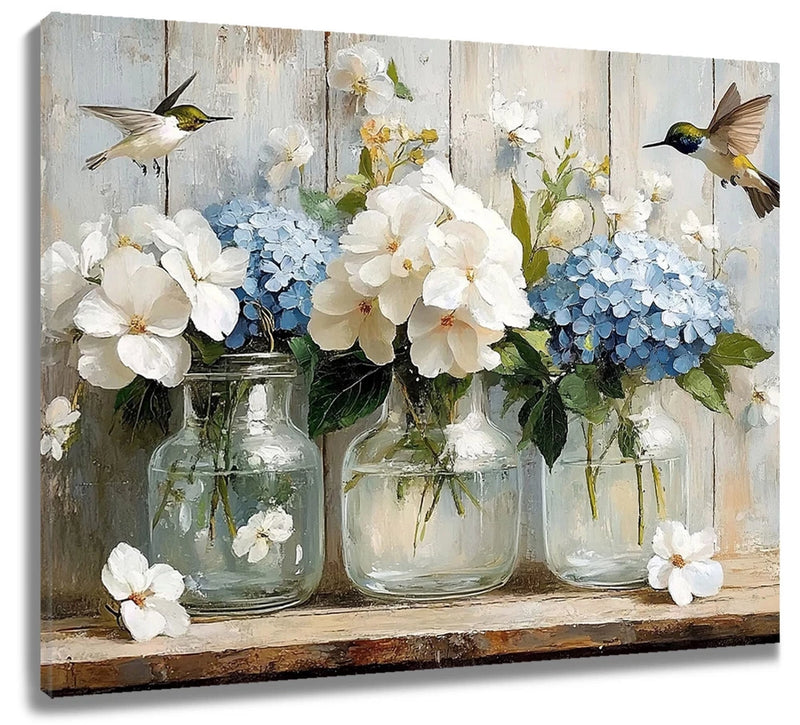 Botanical hydrangea canvas wall art with blue blooms, white flowers, glass jars, and birds