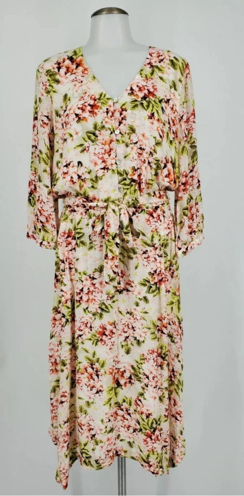 J. Jill Pebble Hydrangea Gauzy Floral Print Midi Dress L Romantic Beachy Flowy Hydrangea