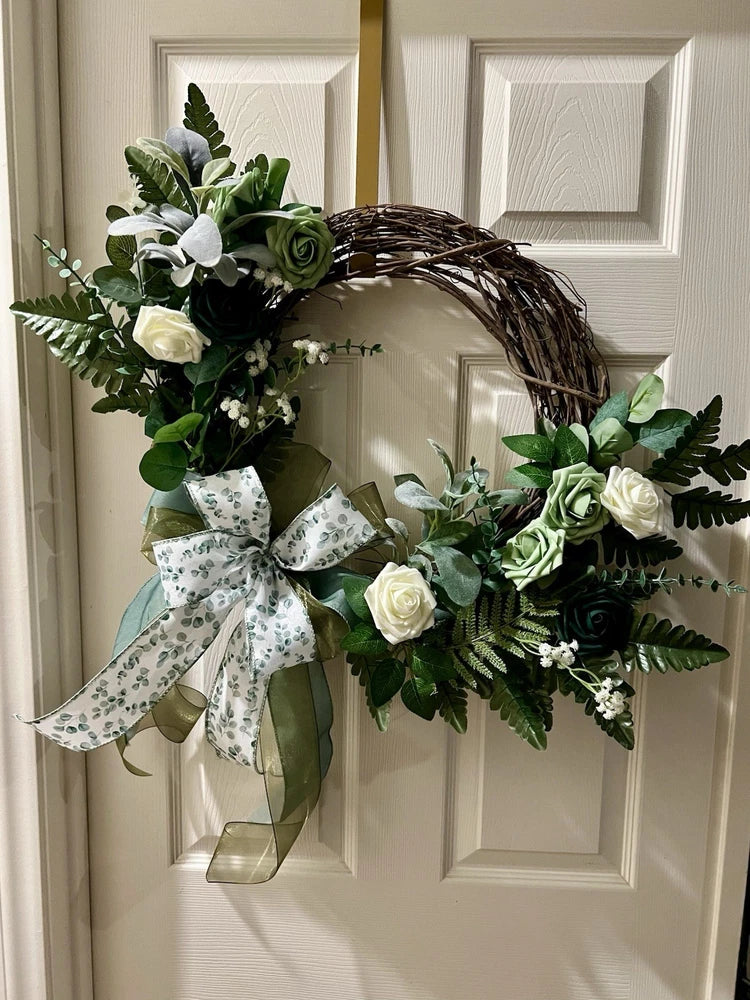 Spring Artificial Flowers 22"Wreath Front Door Decor Greenery Handmade Carnation