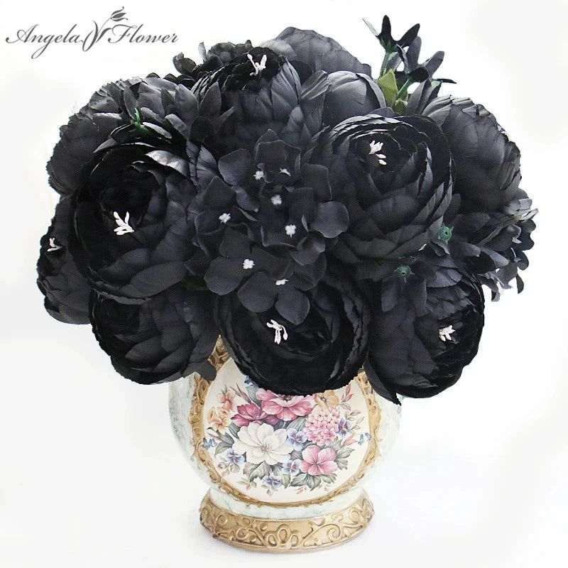 12-Head Black Peony Rose Hydrangea Artificial Bouquet DIY Wedding Decor Flowers Bouquet