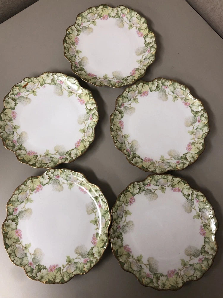 5 VTG ELITE S M LIMOGES PLATE W/HAND PAINTED GREEN GOLD TRIM HYDRANGEAS Hydrangea