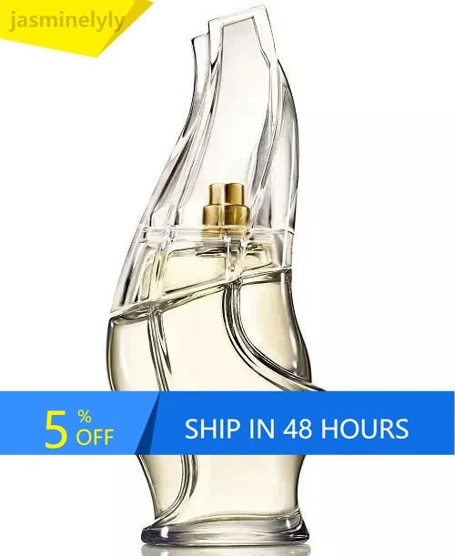 Clear glass perfume bottle with gold cap and curved spray nozzle