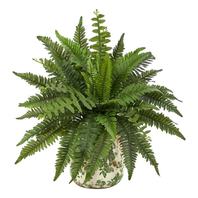 Nearly Natural 15" Boston Fern Artificial Plant w/ Tuscan Green Scroll Planter Green Plant