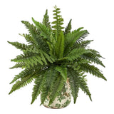 Nearly Natural 15" Boston Fern Artificial Plant w/ Tuscan Green Scroll Planter Green Plant