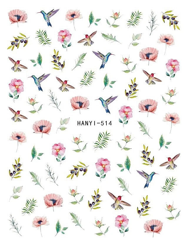 Birds Flower Nail Sticker Peony Strawberry Guava Daisy Sunflower Branch Decal Sunflower