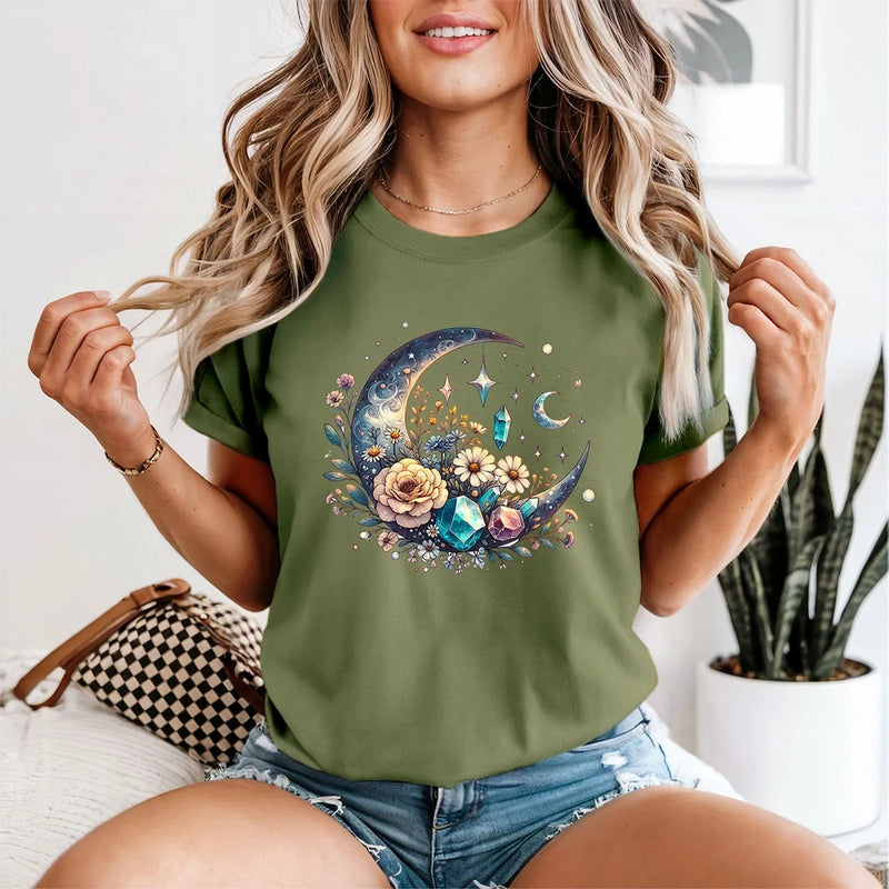 Moon Flowers Crystals Moon Art Womens T-Shirt Celestial Design Sunflower