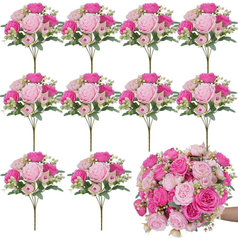 10 Bundles Peonies Artificial Flowers, Pink Silk Peony Flower Bulk Bridesmaid... Peony