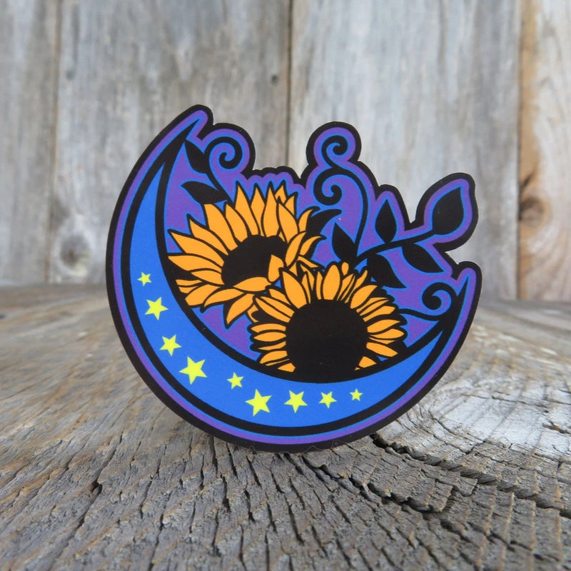 Waterproof crescent moon sticker with sunflowers and small stars, blue and black