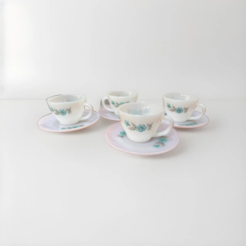 Vintage Fire King Bonnie Blue Carnation Flower Coffee Tea Cup & Saucer Set Of 4 Carnation