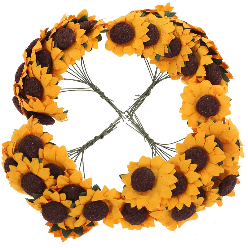 Mini artificial paper sunflower wreath with orange petals and dark centers