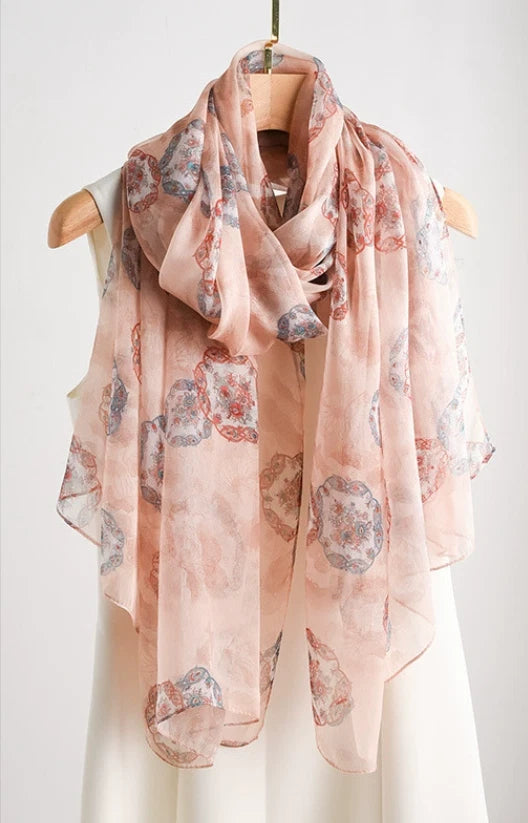 Light pink silk bandanna shawl scarf with floral and paisley print, lightweight drape
