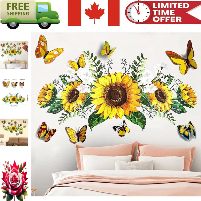 3D sunflower and butterfly wall sticker set with bright yellow blooms and colorful butterflies