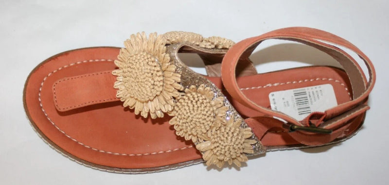 Brown thong sandal with beaded sunflower flower embellishment and ankle strap
