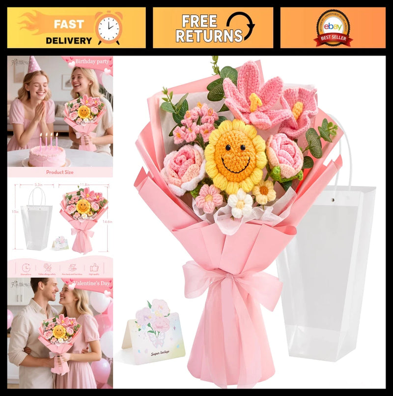 Handmade Crochet Flower Bouquet - Perfect Valentine's Day Gift for Her, Mom, Wif Sunflower