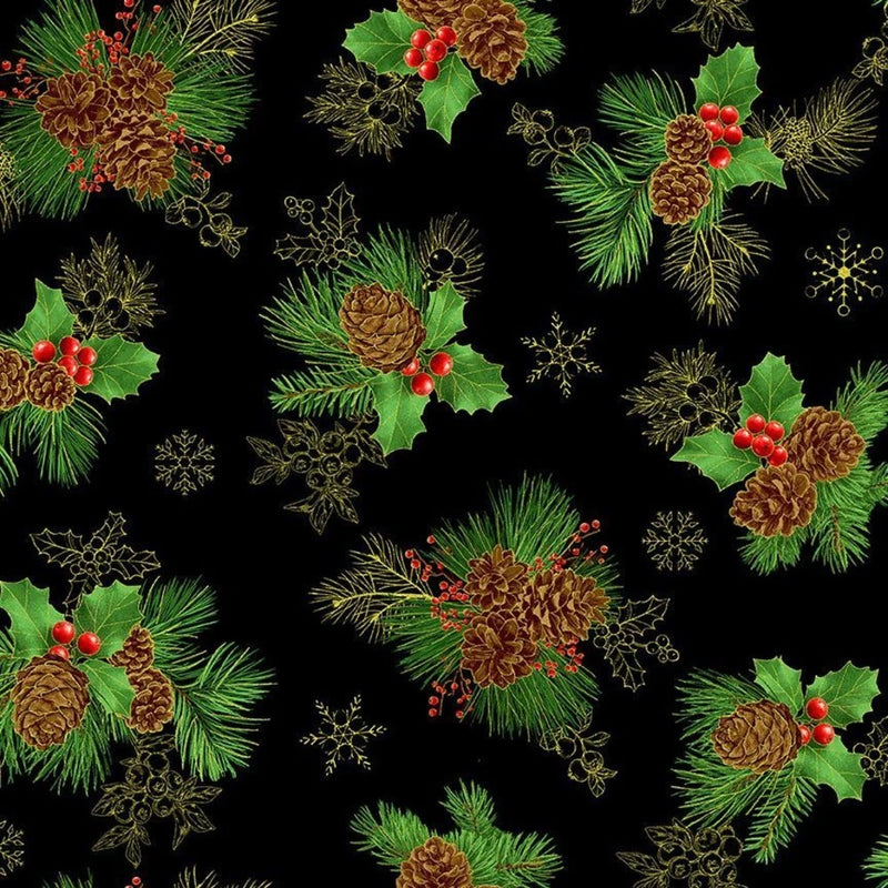 Cotton fabric with scattered pinecones, red berries, and pine branch bouquet pattern
