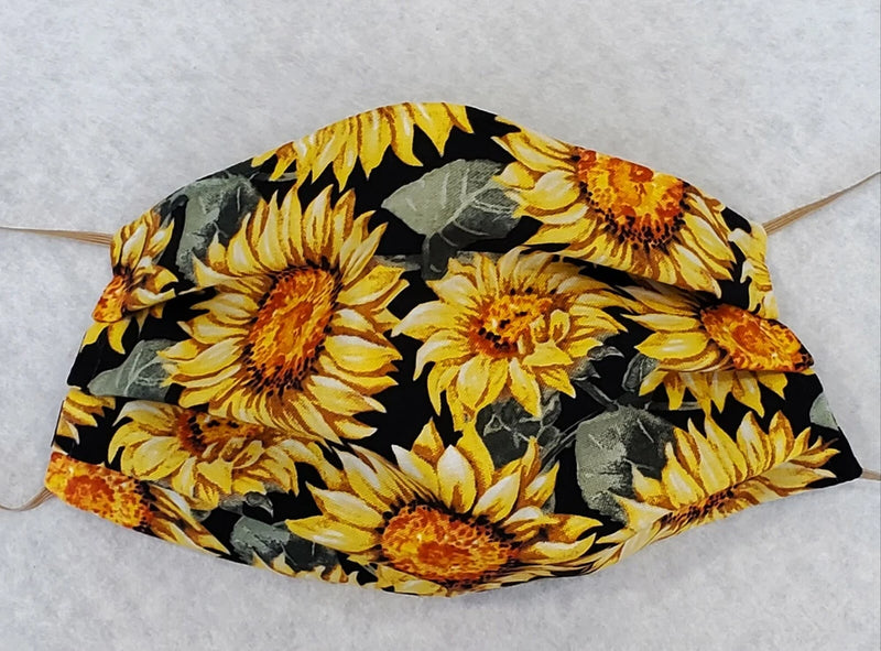 Sunflower face mask with nose wire, black with yellow sunflower print, side ear loops