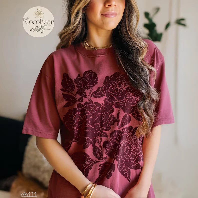 Comfort Colors Vintage Linocut Flower Tee Peonies & Ranunculus -Free Shipping US Ranunculus