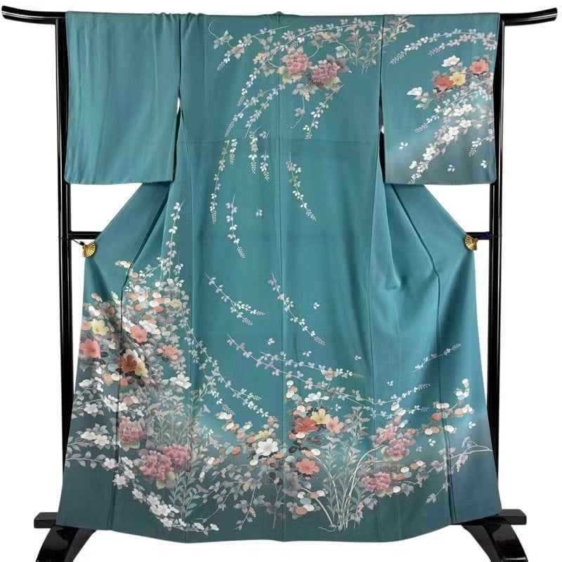 Woman Japanese Kimono Houmongi Silk Flower Hydrangea Blue green 162cm Hydrangea