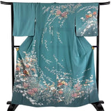 Woman Japanese Kimono Houmongi Silk Flower Hydrangea Blue green 162cm Hydrangea