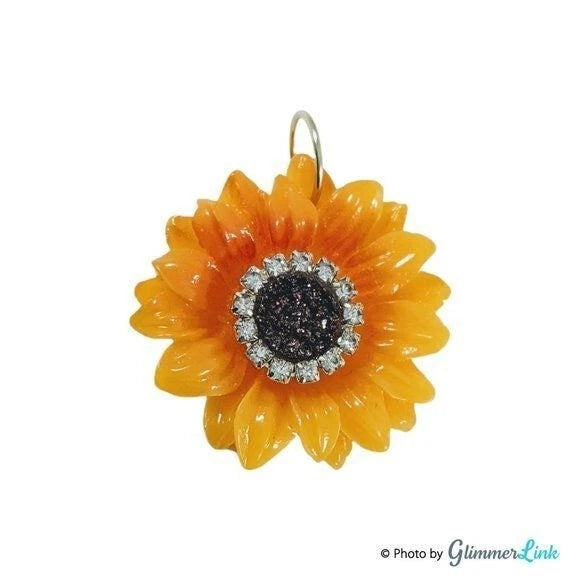 Large yellow sunflower resin pendant with rhinestone center and silver top loop